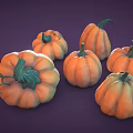 Fresh Ripe Orange Pumpkins With Green Stems Arranged On Purple Background