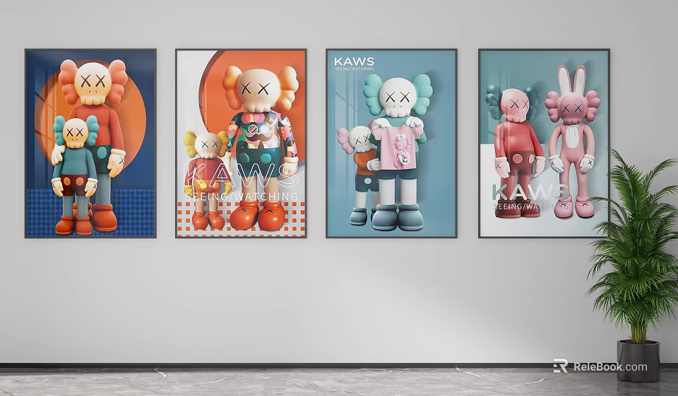 KAWS Themed Wall Art Display With Colorful Figures And Decorative Paintings 3d model 