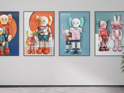 KAWS Themed Wall Art Display With Colorful Figures And Decorative Paintings 3d model