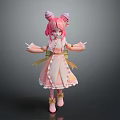 Cute Child Doll With Pink Hair Double Buns Pink Bows Frilly Dress And Yellow Shoes