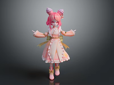 Cute Child Doll With Pink Hair Double Buns Pink Bows Frilly Dress And Yellow Shoes 3d model