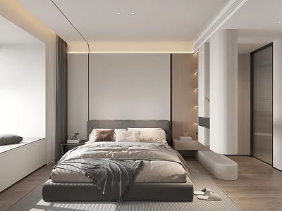 Modern Bedroom Interior Design With Large Bed Gray Bedding And Floor To Ceiling Window 3d model