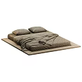Minimalist Double Bed With Wooden Platform Frame Light Gray Mattress Pillows And Blanket