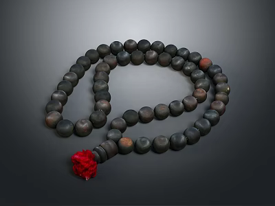 Round Black Beads Necklace With Red Flower Accent On Dark Background 3d model