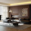 Modern Living Room Interior With Black Leather Sofa Large Window Fireplace And Abstract Painting