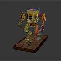 Yellow Robot Model Standing on Rusty Base With Mechanical Arm Holding Ball 3d model