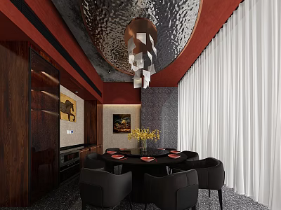 Modern Private Dining Room Interior With Round Table Black Chairs Chandelier Wooden Decor And Curtains 3d model