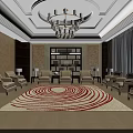 Elegant Modern Lounge Area With Chandelier Sofas Circular Rug Bookshelf And Table Lamps