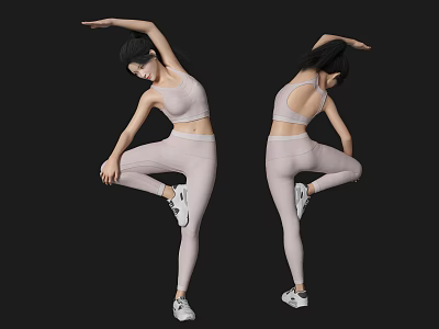Woman Doing Stretching Exercise In Pink Sportswear And White Sneakers Against Black Background 3d model