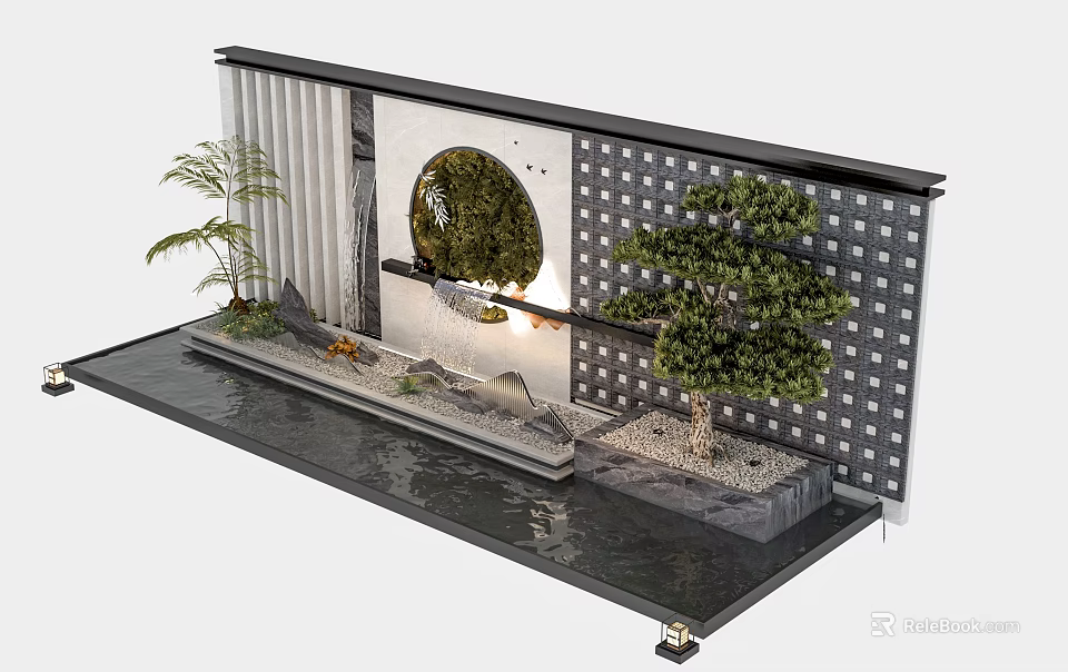 Modern Landscape Wall With Circular Decoration Grid Pattern Pine Tree And Water Feature 3d model 