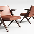 Two Modern Brown Leather Leisure Chairs With Wooden Frame And Armrests