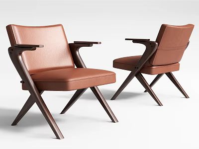 Two Modern Brown Leather Leisure Chairs With Wooden Frame And Armrests 3d model