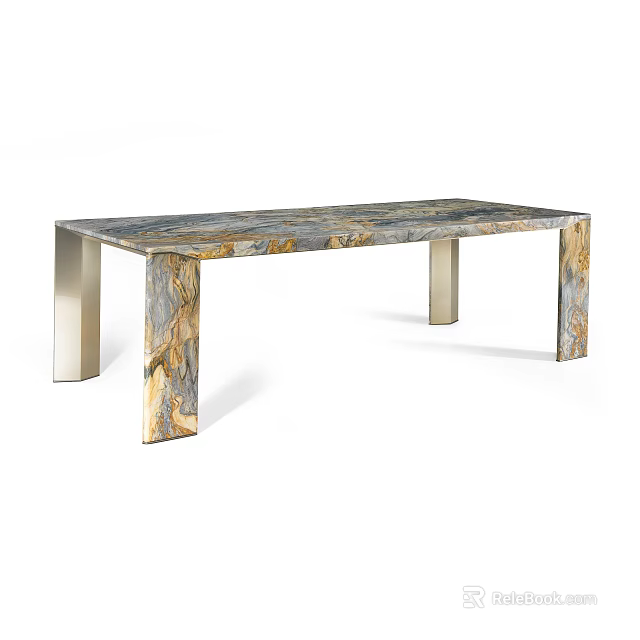 Elegant Modern Dining Table With Gray Marble Tabletop Golden Veins And Brass Legs 3d model 