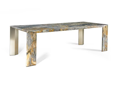 Elegant Modern Dining Table With Gray Marble Tabletop Golden Veins And Brass Legs 3d model