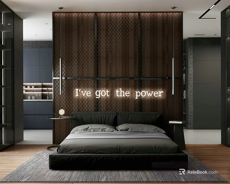 Modern Bedroom Interior With Dark Wooden Accent Wall Large Bed Soft Rug And Pendant Lights 3d model 