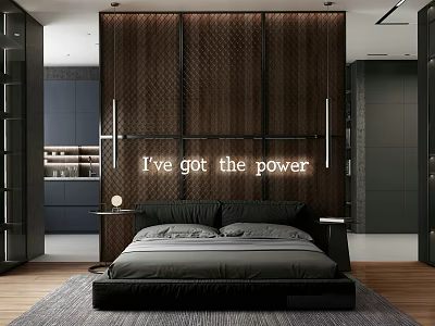 Modern Bedroom Interior With Dark Wooden Accent Wall Large Bed Soft Rug And Pendant Lights 3d model