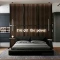 Modern Bedroom Interior With Dark Wooden Accent Wall Large Bed Soft Rug And Pendant Lights