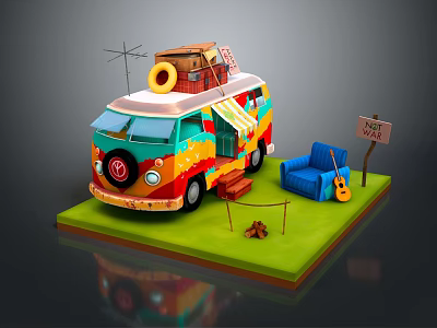 Colorful Camper Van Scene With Roof Luggage Lifebuoy Blue Sofa Guitar Love Sign And Campfire 3d model