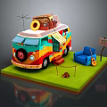 Colorful Camper Van Scene With Roof Luggage Lifebuoy Blue Sofa Guitar Love Sign And Campfire