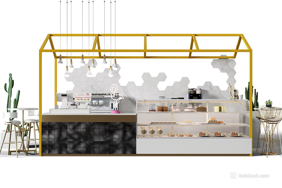 Yellow Framed Display Shelves With Pastries Hexagonal Wall And Hanging Lights In Café 3d model 