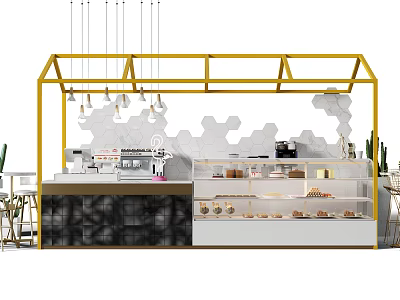 Yellow Framed Display Shelves With Pastries Hexagonal Wall And Hanging Lights In Café 3d model