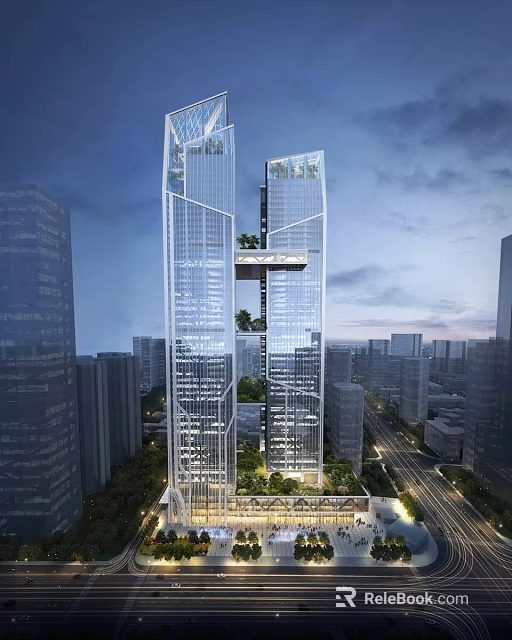 Modern Glass Facade Towers With Connecting Sky Bridge In Urban Landscape 3d model 