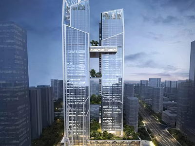 Modern Glass Facade Towers With Connecting Sky Bridge In Urban Landscape 3d model