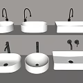White Ceramic Washbasin Designs with Round and Square Shapes and Black Wall Faucets