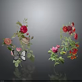 Colorful Roses Arrangement With Pink Red Blooms Butterfly Red Berries And Green Leaves