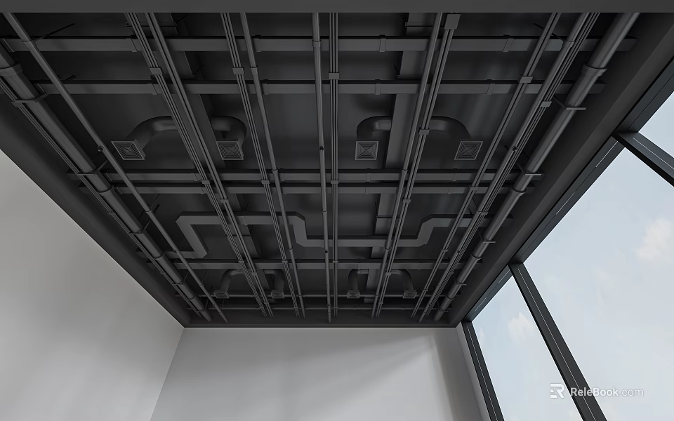 Black Ceiling Pipes Interconnected Network in Modern Industrial Interior With Large Window 3d model