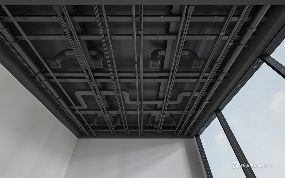 Black Ceiling Pipes Interconnected Network in Modern Industrial Interior With Large Window 3d model 