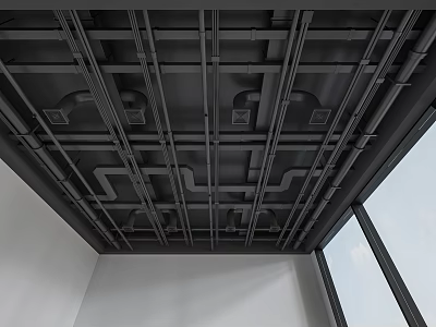 Black Ceiling Pipes Interconnected Network in Modern Industrial Interior With Large Window 3d model