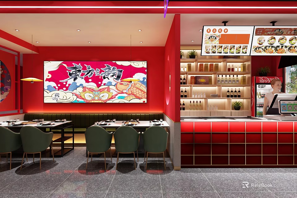 Stylish Red Restaurant Interior Featuring Large Decorative Painting Dining Tables And Counter 3d model