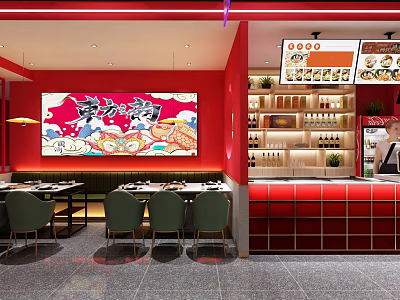 Stylish Red Restaurant Interior Featuring Large Decorative Painting Dining Tables And Counter 3d model