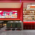Stylish Red Restaurant Interior Featuring Large Decorative Painting Dining Tables And Counter 3d model