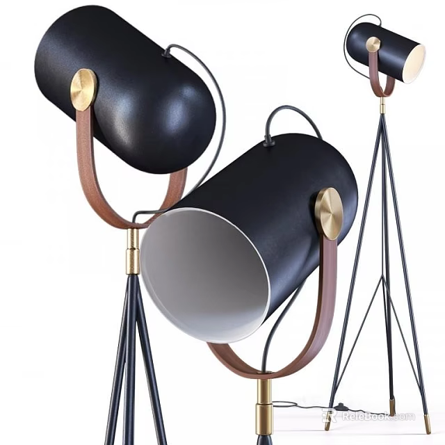 Modern Floor Lamps With Black Cylindrical Shades Wooden Handles And Brass Accents 3d model 