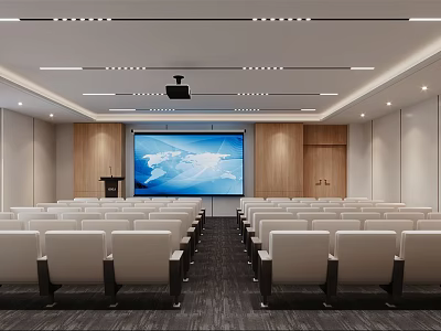 Modern Conference Room With Large Projection Screen Wooden Walls White Seats Rows And Ceiling Lights 3d model