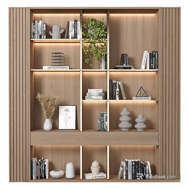 Modern Wooden Shelving Unit With Books Green Plants And Decorative Items In Interior Design 3d model 