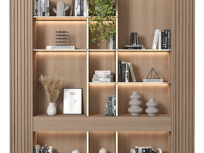Modern Wooden Shelving Unit With Books Green Plants And Decorative Items In Interior Design 3d model