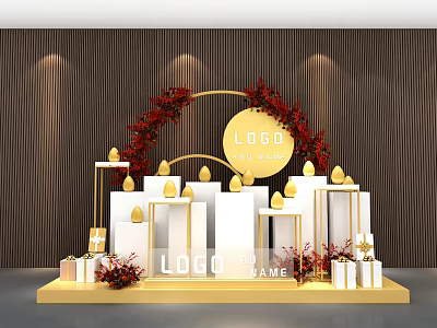 Elegant Exhibition Stand With Golden Logo Red Flower Garland White Tiered Structures And Gift Boxes 3d model