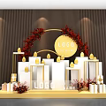 Elegant Exhibition Stand With Golden Logo Red Flower Garland White Tiered Structures And Gift Boxes