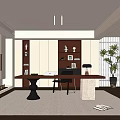Modern Middle-ancient Style Study Bookcase Desk Chair Book Decoration Computer Table Lamp Potted Plant 3d model