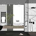 Modern Bathroom Interior With Marble Walls Dark Wooden Vanity And Glass Shower Enclosure