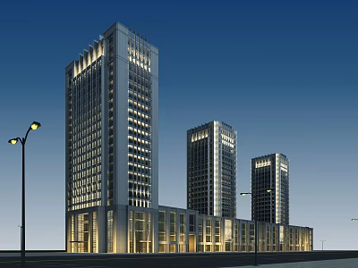 Modern High Rise Hotel Building With Glass Curtain Wall And Urban Night View 3d model
