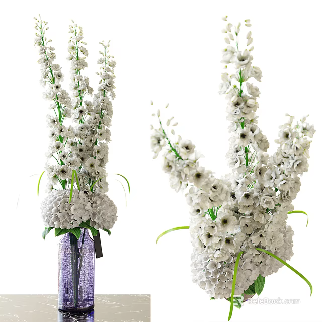 Stunning White Flowers In Decorative Vases With Green Stems And Leaves 3d model 