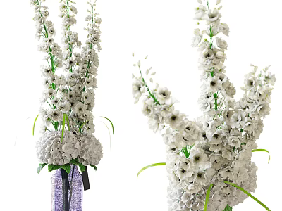 Stunning White Flowers In Decorative Vases With Green Stems And Leaves 3d model