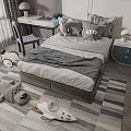 Comfortable Kids Bed with Soft Pillows Toys on Rug Near Blue Desk and Nightstand