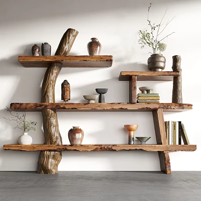 Natural Wooden Shelving Unit With Tree Trunk Supports Decorative Vases And Books 3d model