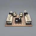 Chinese Style Sofa Coffee Table Set With Armchairs Table Lamps And Patterned Rug 3d model