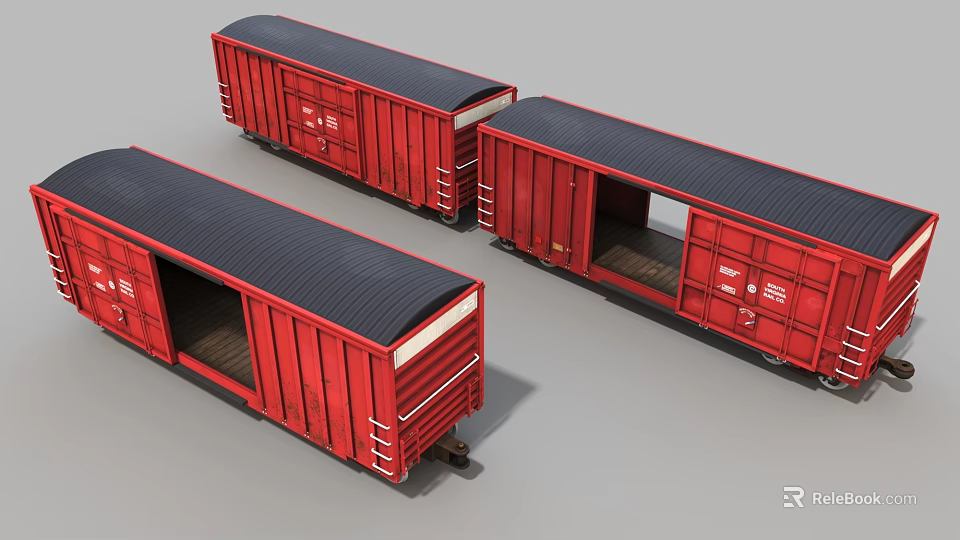 Three Red Railway Freight Train Cars With Black Roofs And Open Doors 3d model 